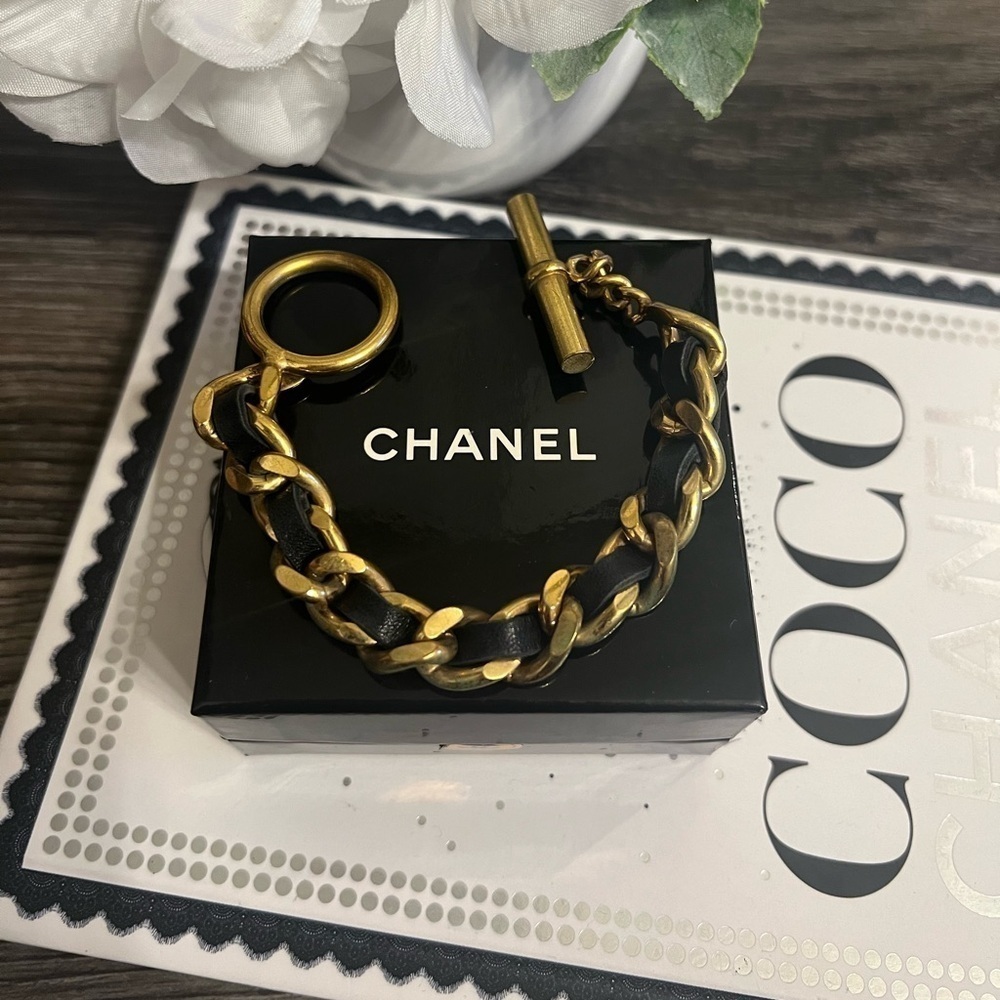 Chanel Vintage Black Leather Woven Gold Link Bracelet